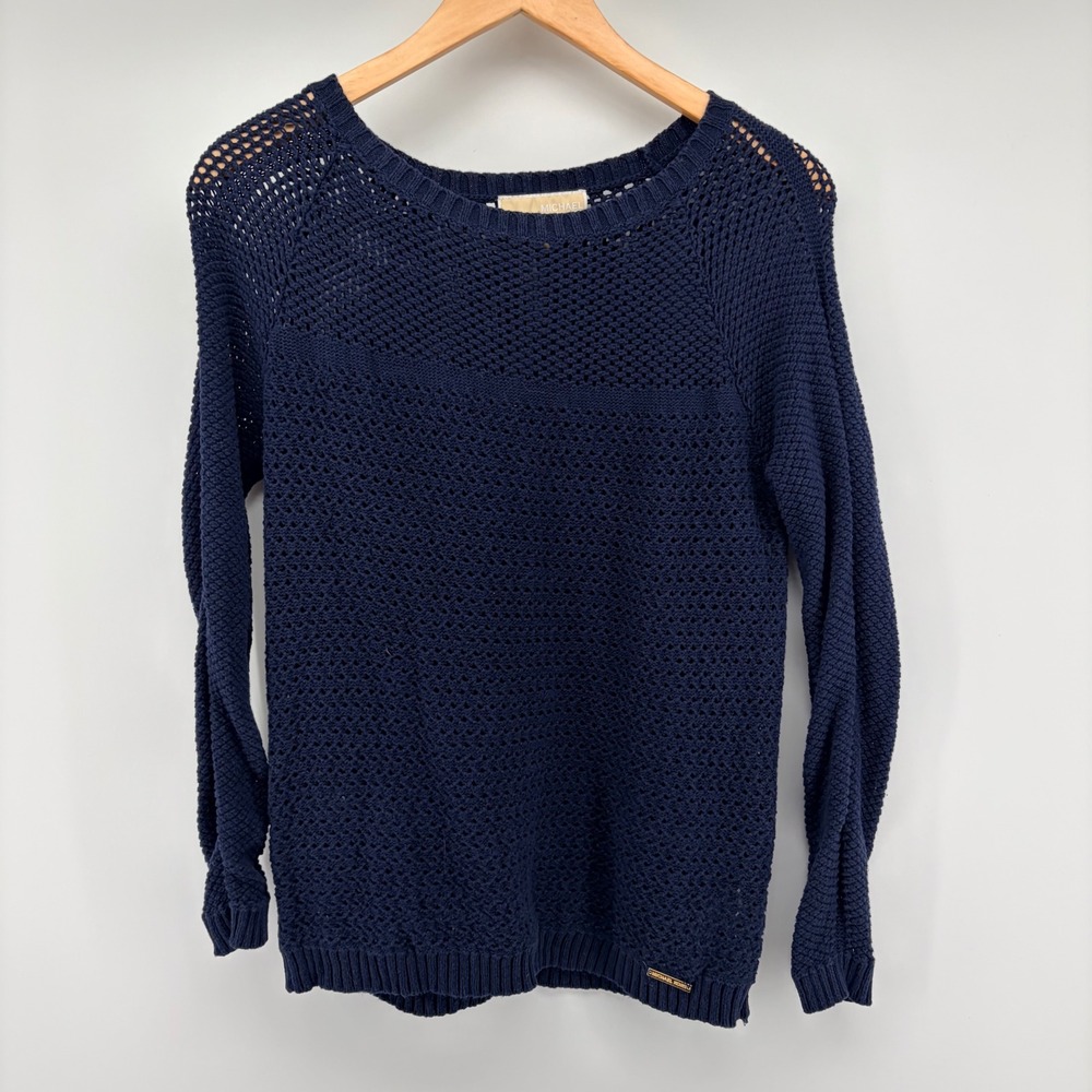Michael Kors Sweater Navy Blue Open Knit Cotton Pullover Crew Neck Womens Size M